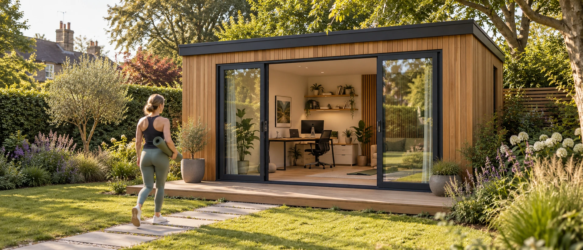 Illustrative cedar garden office with a visible workstation and a woman approaching with a yoga mat