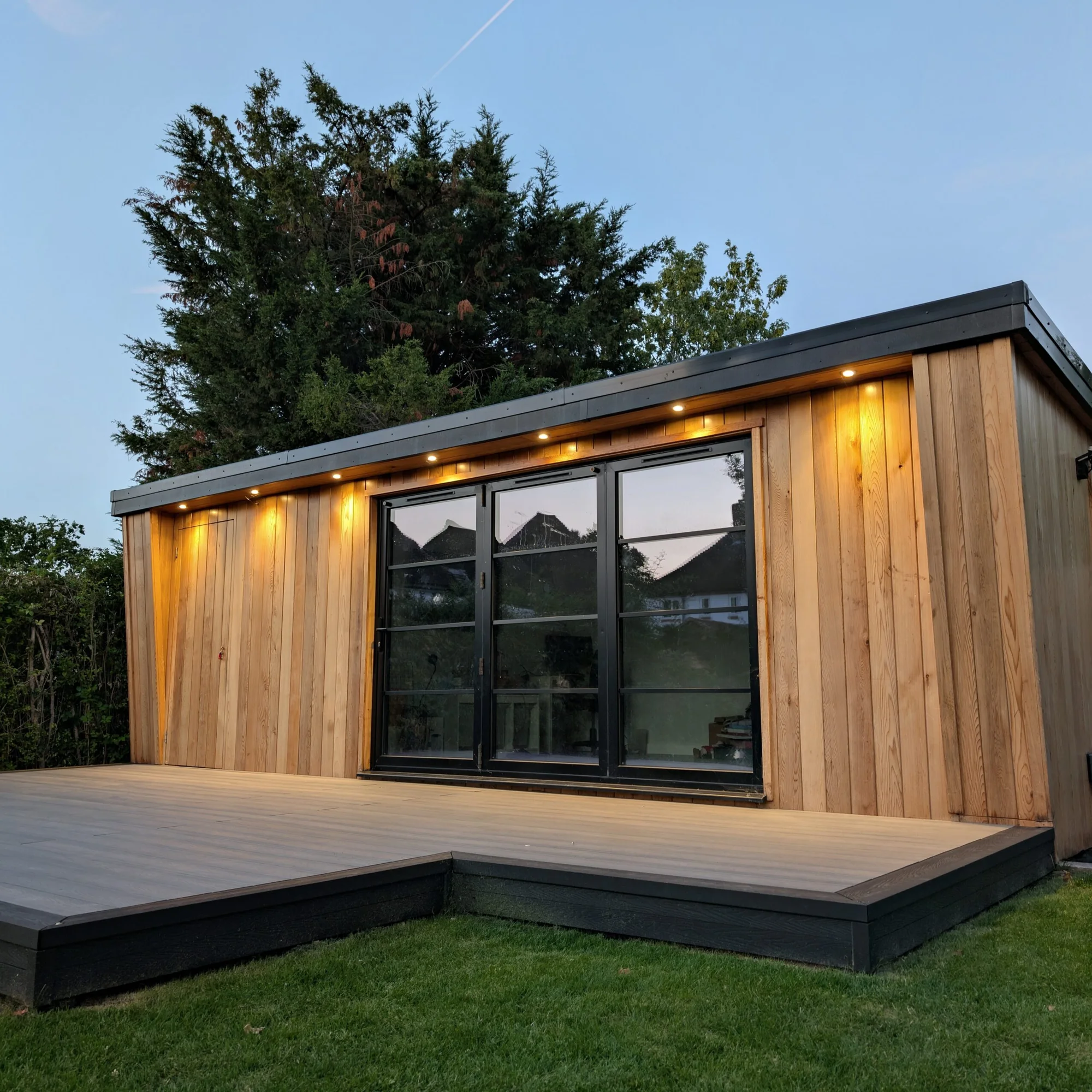 A completed Cedar Spaces garden room with natural cedar cladding, black-framed glazing and warm lighting above a timber deck