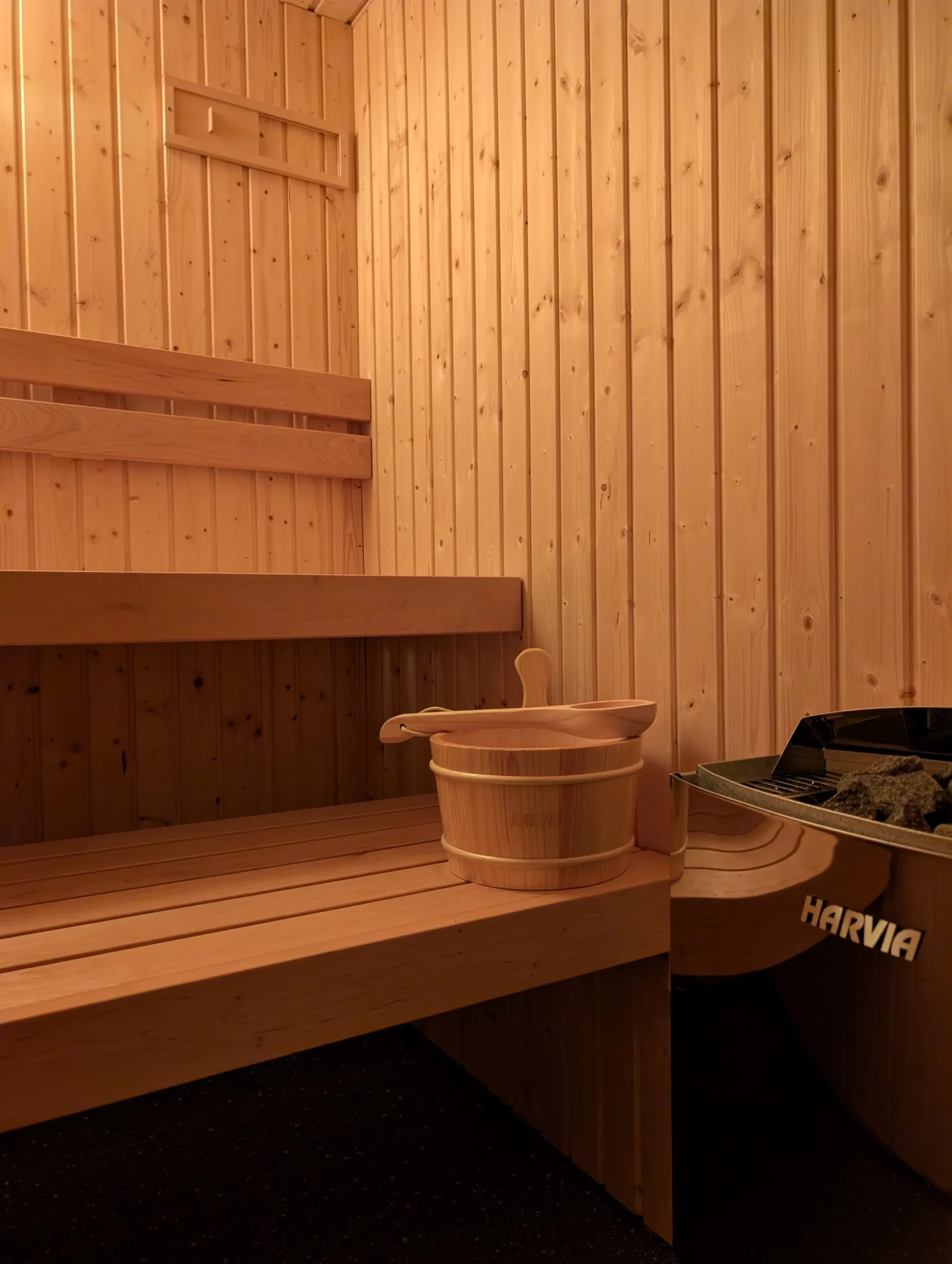 Warm timber benches inside a Cedar Spaces sauna