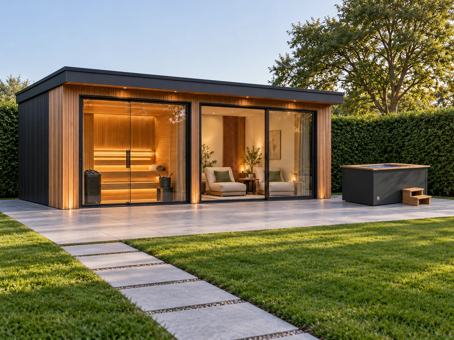 Illustrative cedar wellness pavilion with a sauna, relaxation room and a rectangular ice bath on a minimal garden terrace